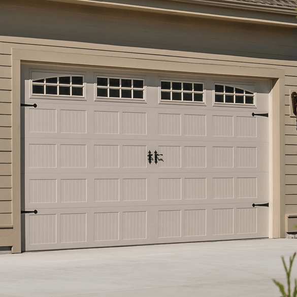 Tan stamped carriage house garage door with decorative hardware and window panels
