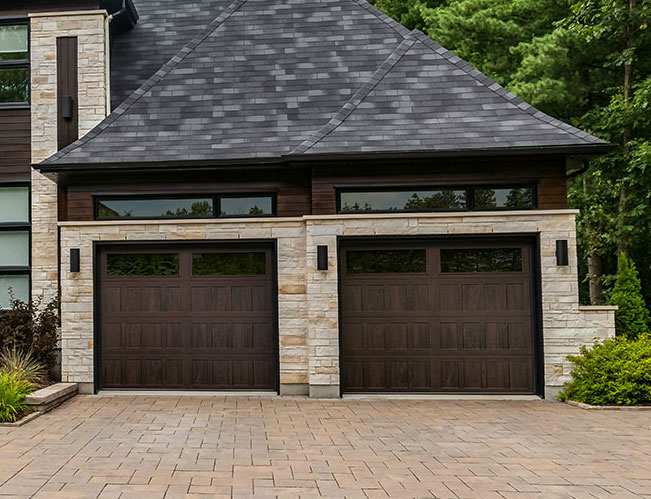 Two dark brown stamped shaker garage doors with window panels on a stone and brick home