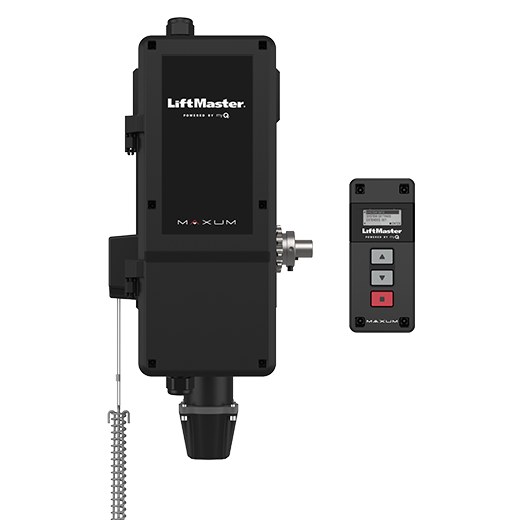 Black LiftMaster commercial door operator with wall-mounted control station