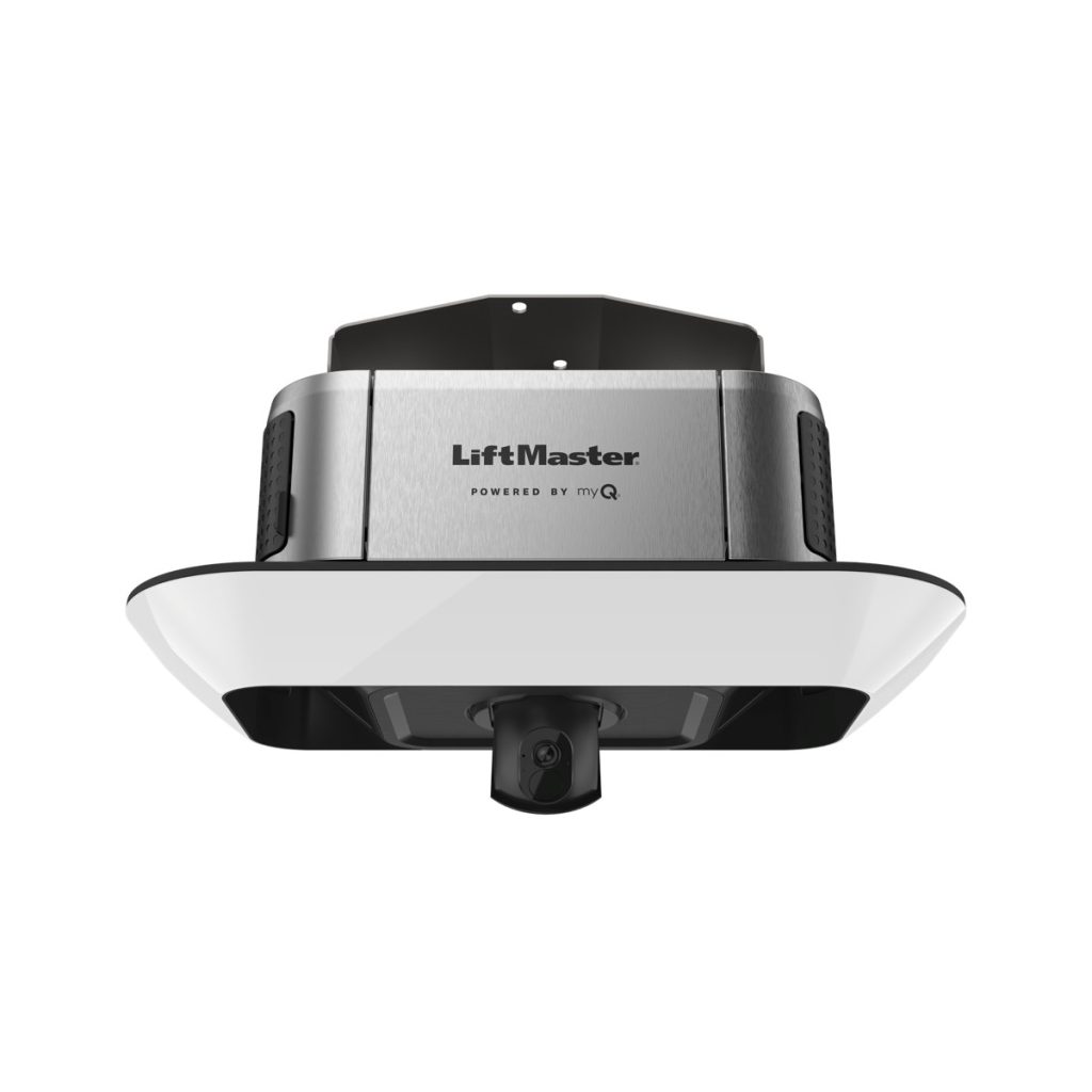 LiftMaster belt drive garage door opener with stainless steel housing and built-in camera