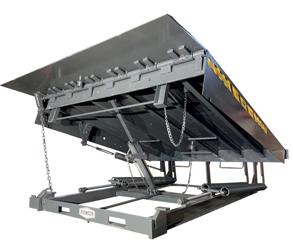 Gray steel loading dock leveler with raised lip, chains and spring assembly
